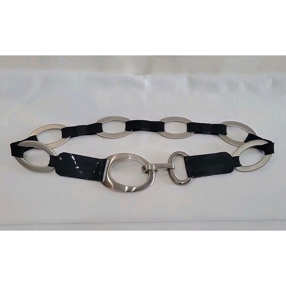 Vintage Sandy Duftler Black Patent Leather & Silver Oval Link Belt Size Sm main image 6
